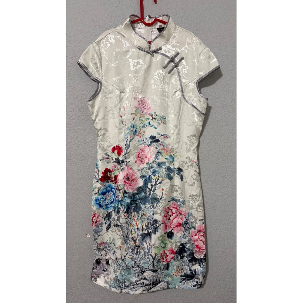 Jin He White Floral Satin Qipao Cheongsam Dress Size S Mandarin Collar Asian